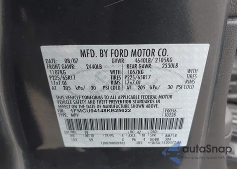 2008 Ford Escape Limited z USA, uszkodzony, nr VIN 1FMCU94148KB25622